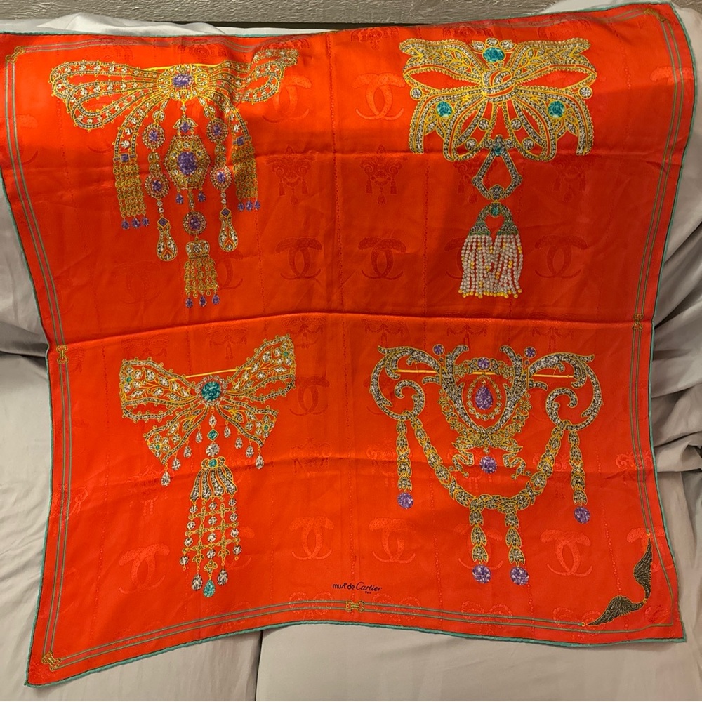 Vintage Red Must De Cartier Silk Scarf  35”x35” Jeweled Pattern
